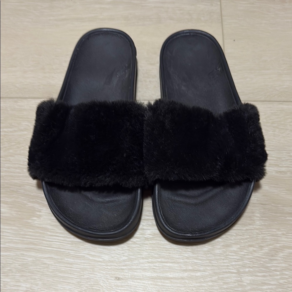 New Balance Black Fuzzy Slides Slippers